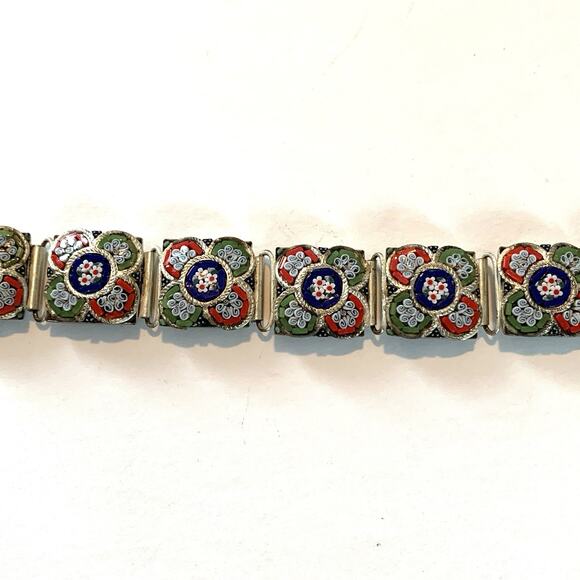 Vintage Italian Micro Mosaic Bracelet Floral Millefiori Glass Link Panel Jewelry - Picture 8 of 16